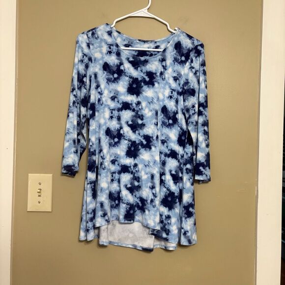 Intro Navy Blue White Marble Tie Dye 3/4 Sleeve Rayon Blend Shirt Large - Picture 1 of 4